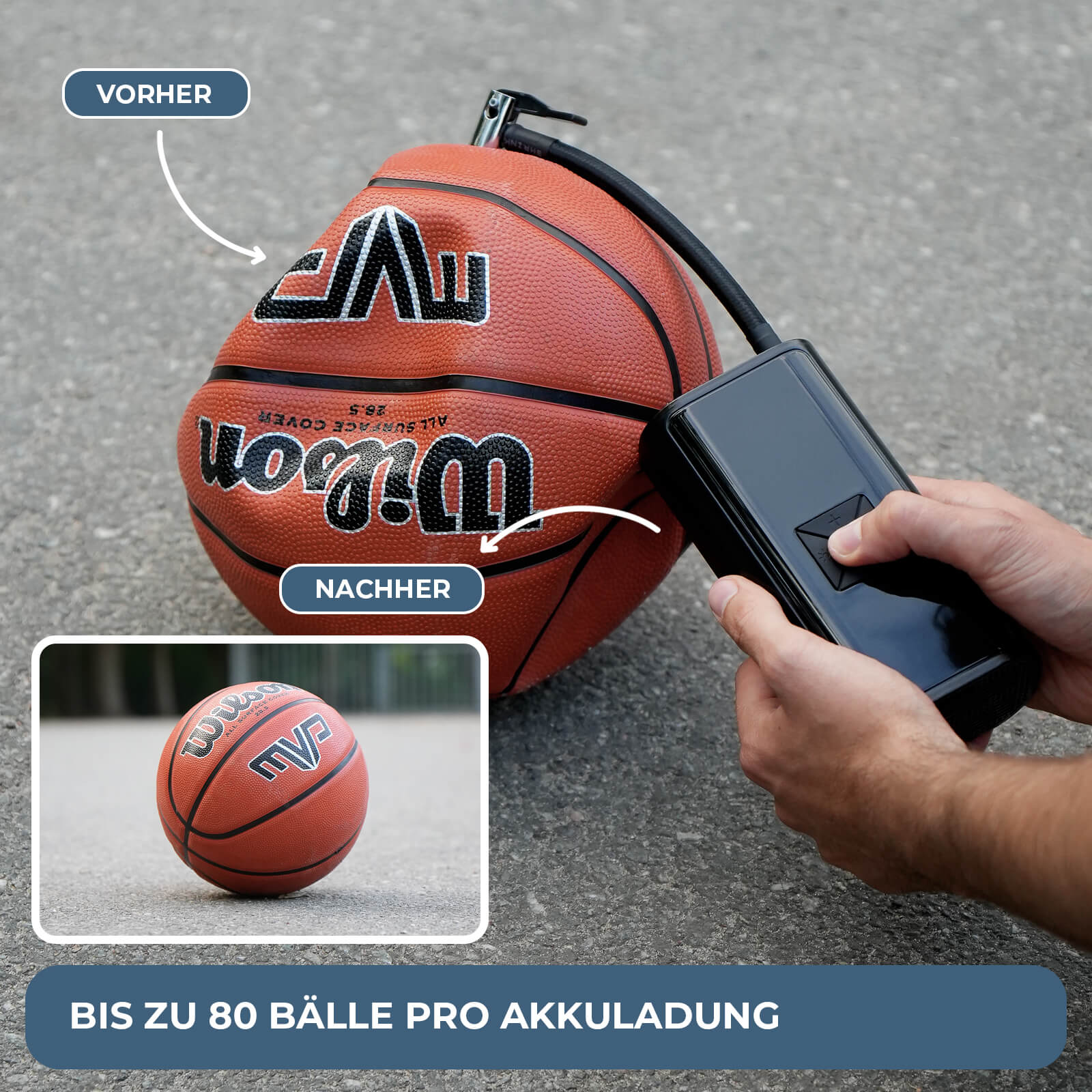 Mini-Kompressor AirPulse One pumpt Basketball auf