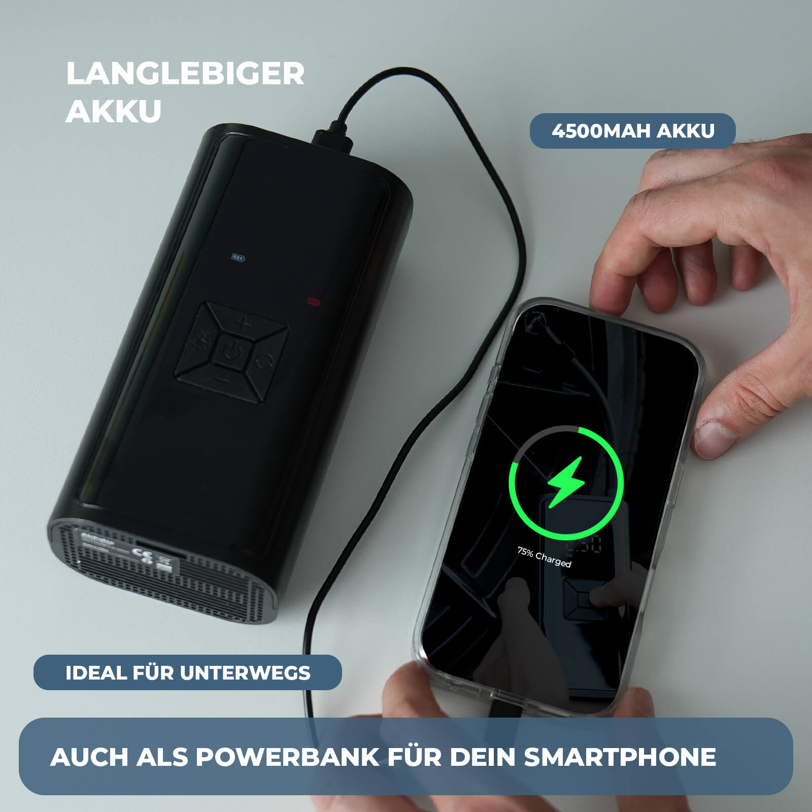 AirPulse One Mini Kompressor mit Akku lädt Smartphone über USB-Anschluss