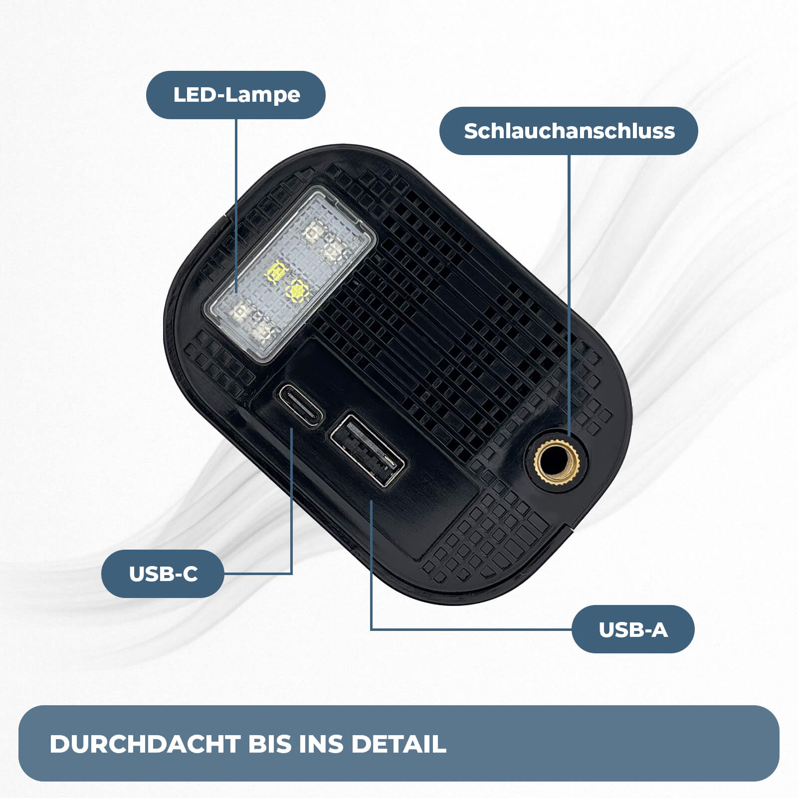 Detailansicht des AirPulse One Mini Kompressors mit LED-Lampe, USB-C-Anschluss und Schlauchanschluss