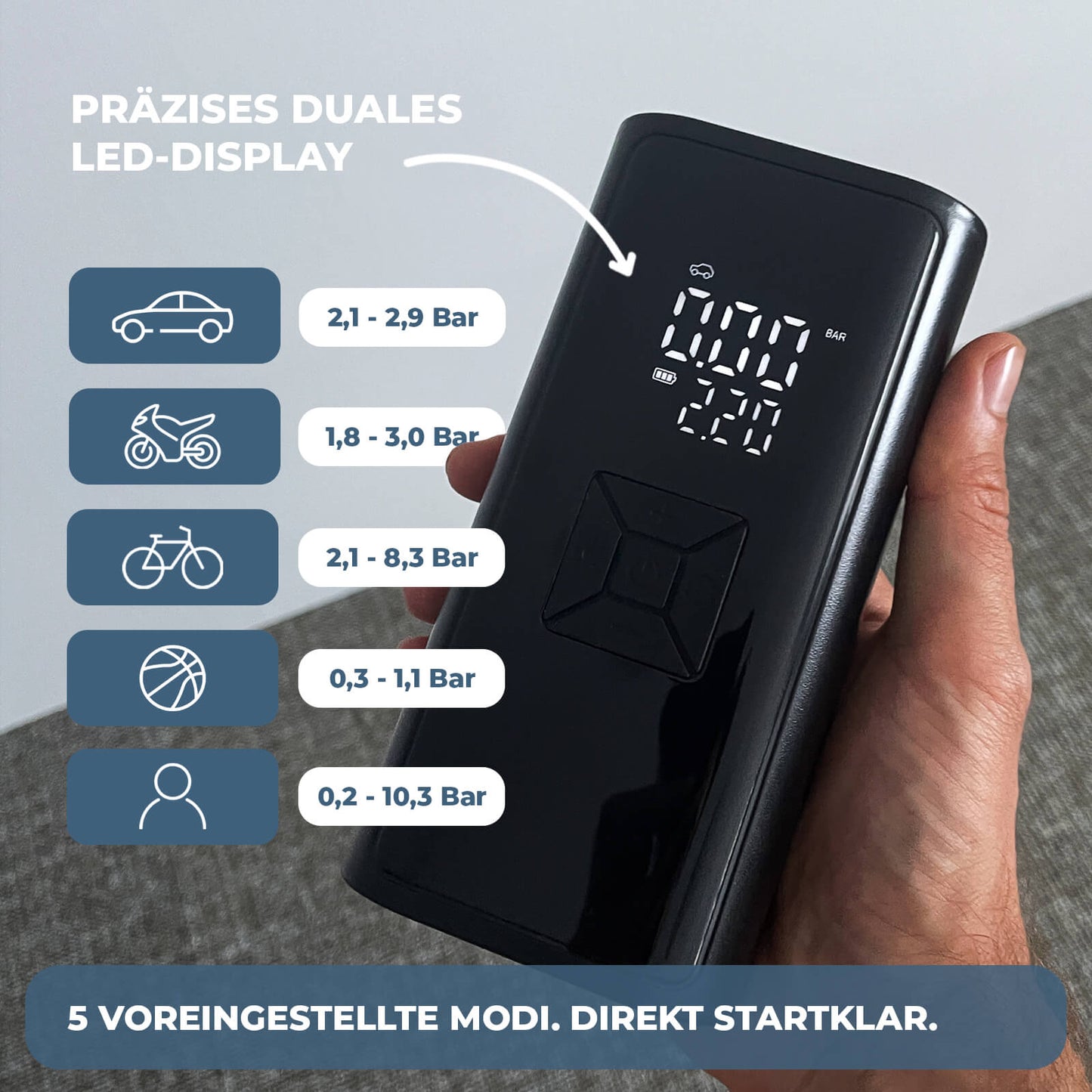 Duales LED-Display des AirPulse One Mini Kompressors mit voreingestellten Druckmodi