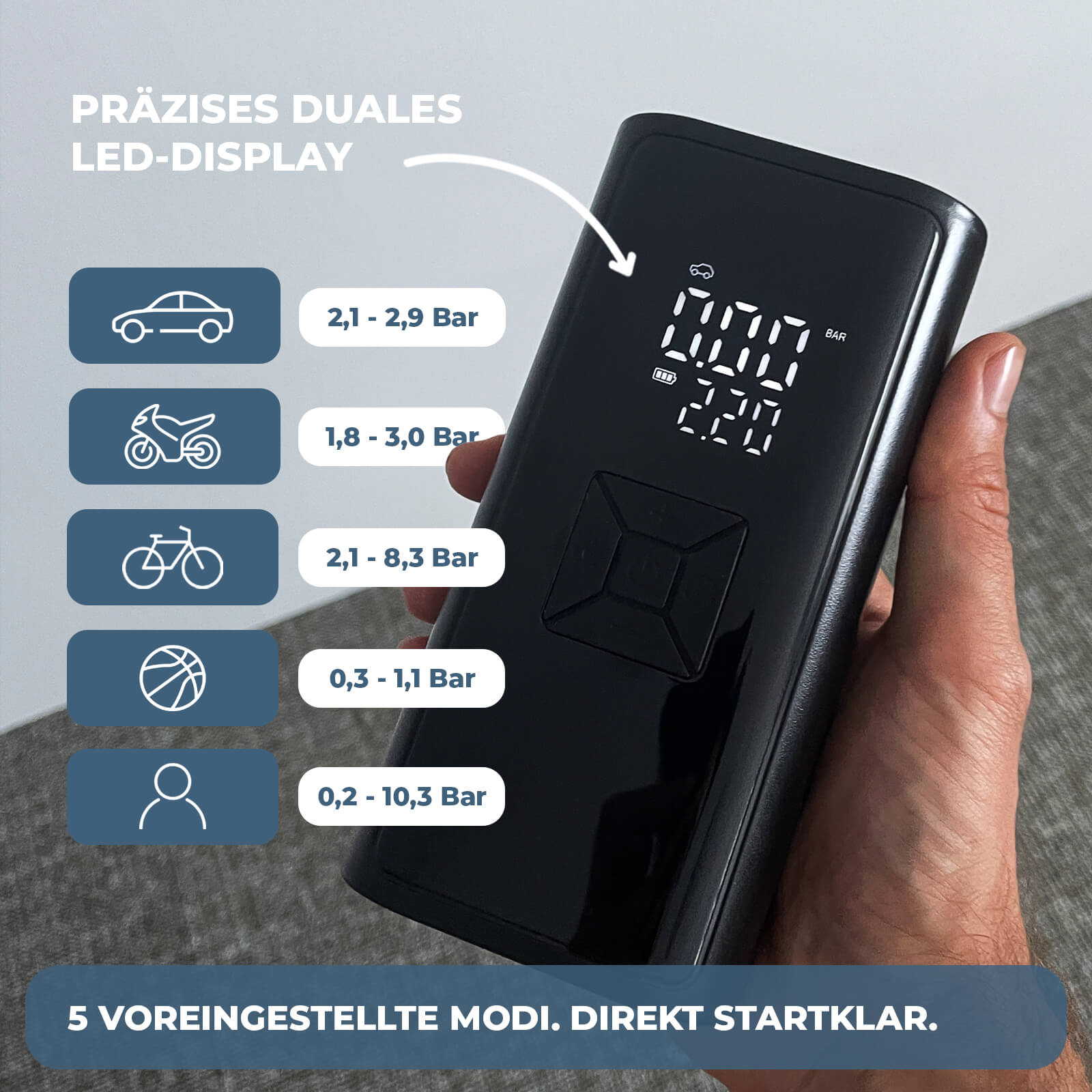 Duales LED-Display des AirPulse One Mini Kompressors mit voreingestellten Druckmodi