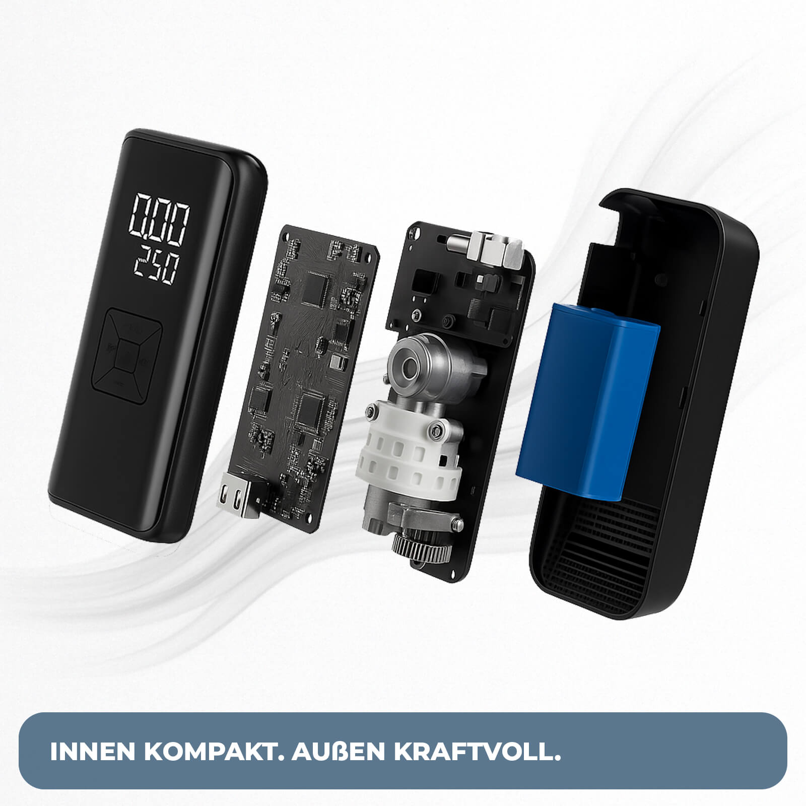 Explosionsansicht des Innenaufbaus des AirPulse One Mini Kompressors