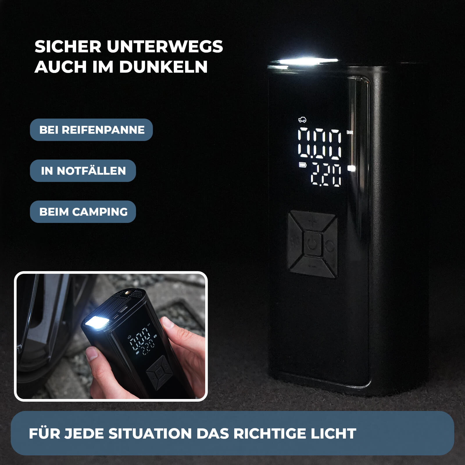 AirPulse One Mini Kompressor mit integrierter LED-Lampe für Nutzung im Dunkeln