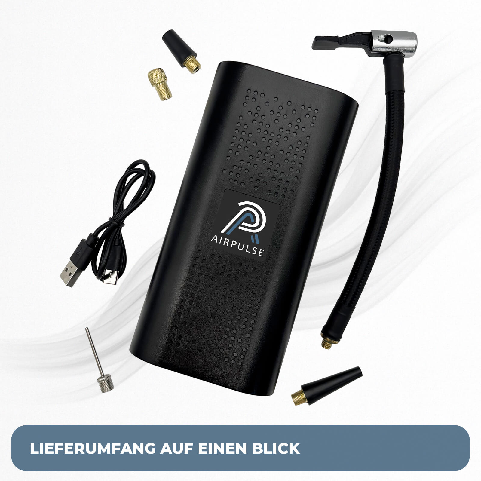Lieferumfang des AirPulse One Mini Kompressors mit USB-C-Kabel, Schlauch und Adaptern