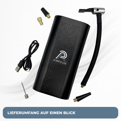 Lieferumfang des AirPulse One Mini Kompressors mit USB-C-Kabel, Schlauch und Adaptern