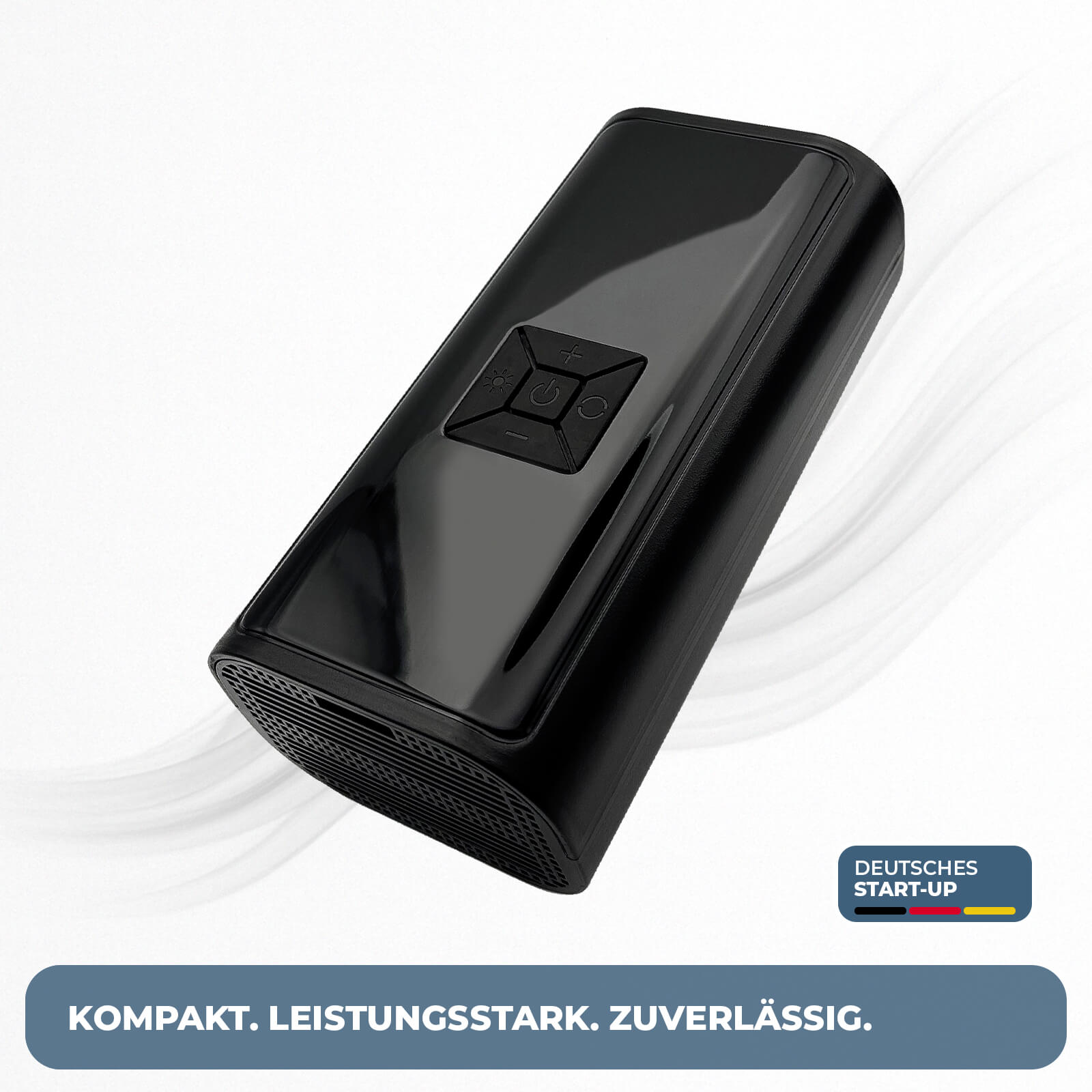 AirPulse One Mini Kompressor mit Akku in schräger Produktansicht mit Bedienfeld