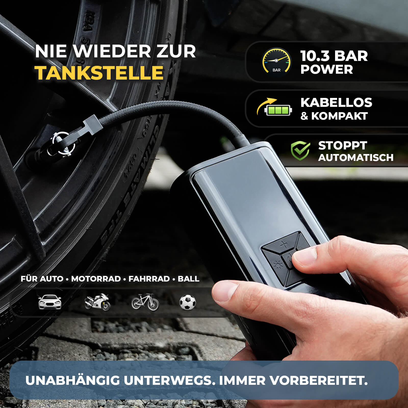 Kabelloser Mini Kompressor mit Akku pumpt Autoreifen unterwegs auf