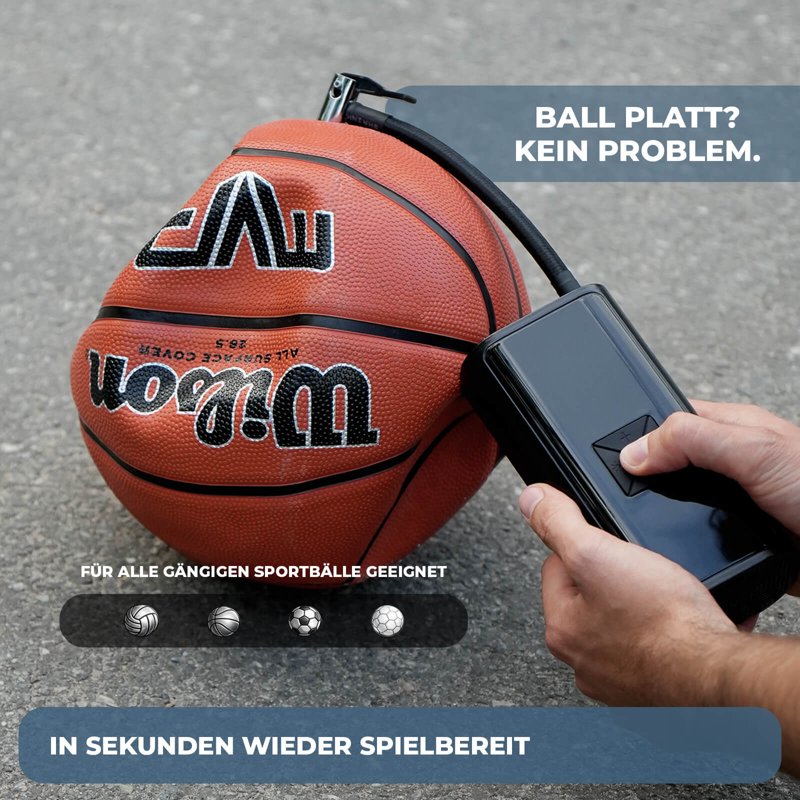 Kabelloser Mini Kompressor mit Akku pumpt Basketball und Sportbälle auf