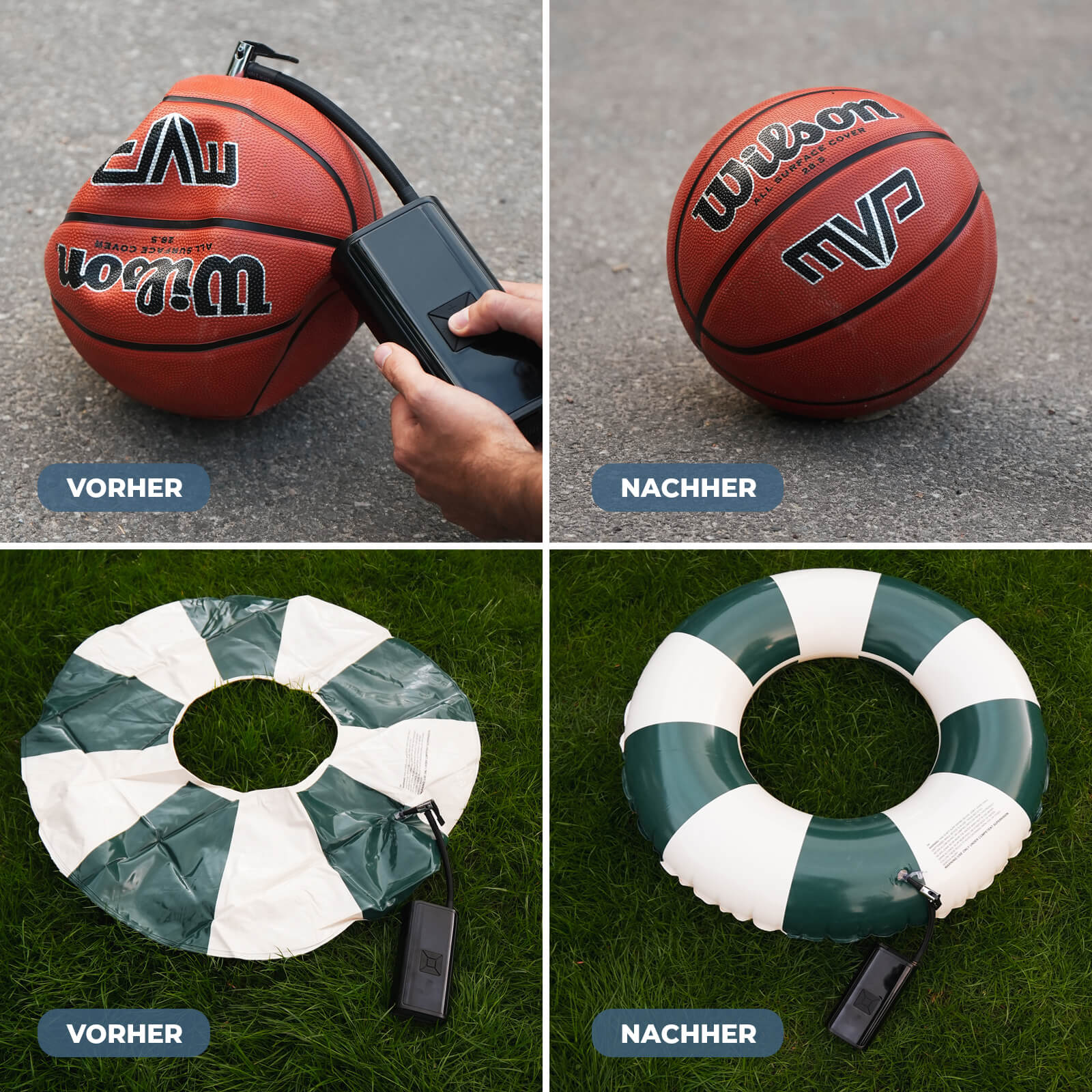 Vorher-Nachher-Ansicht: Mini Kompressor mit Akku pumpt Basketball und Schwimmring auf